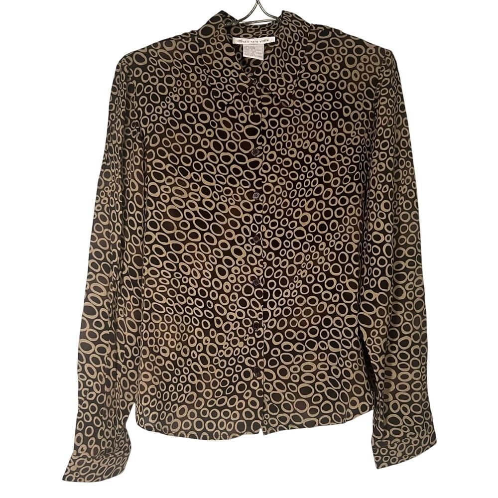 Jones New York Women Size 16 Silk Black Tan Circle Blouse Long Sleeve Shirt